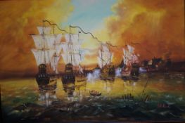 Very large oil on canvas ship scene indistinct sig