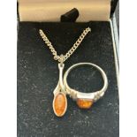 Silver & amber necklace & ring