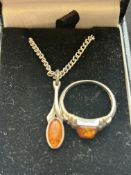 Silver & amber necklace & ring