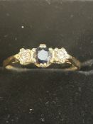 9ct Gold ring set with sapphire & 2 white stones S