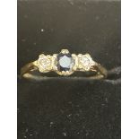 9ct Gold ring set with sapphire & 2 white stones S