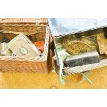 Wicker fishing basket & vintage fishing contents p