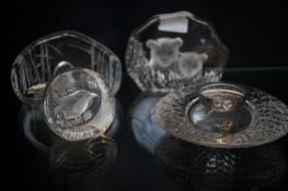 2x Signed Kosta paperweights, Orrefors candle hold