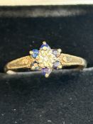 9ct Gold ring set with diamond & sapphires Size U