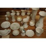 22 Pieces of Belleek pottery, some with green & bl