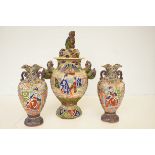 3x Oriental twin handled vases