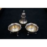 Pair of silver salts & silver sugar sifter Total w