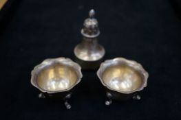 Pair of silver salts & silver sugar sifter Total w