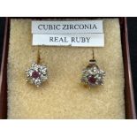 9ct Gold earrings set with ruby & cz