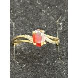 9ct Gold ring set with red garnet & diamonds Size