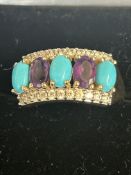 9ct Gold ring set with 3 turquoise stones & 2 amet