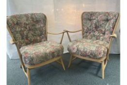 Pair of blonde Ercol chairs - 1 sun bleached