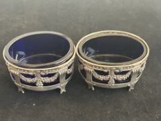 2 Silver salt with blue glass liners