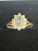 9ct Gold ring set with aquamarine & cz stones Size