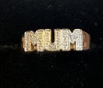 9ct gold MUM ring set with chip diamonds Size K
