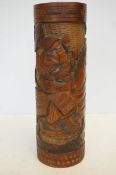 Large oriental carved wooden brush pot
