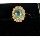 9ct gold ring set with central aqua marine and pea