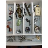 Card bone box and tray of costume jewellery including silver