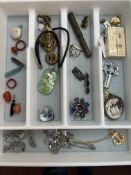 Card bone box and tray of costume jewellery including silver