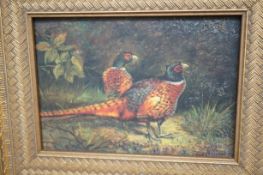 Small oil on board depicting two pheasants, indist