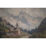 Oil on canvas church & river scene indistinct sign