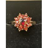 9ct Gold cluster ring set with red garnets Size O