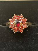 9ct Gold cluster ring set with red garnets Size O
