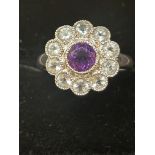 9ct White gold ring set with amethyst & cz stones