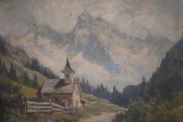 Oil on canvas church & river scene indistinct sign