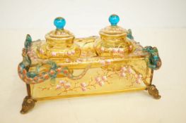 A rare and unusual Moser type late 19th century Bohemian glass inkstand for two lidded inkwells,