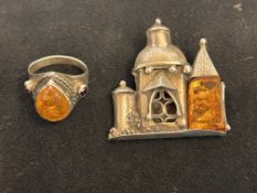 Silver & amber brooch & ring