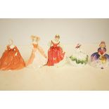 Two Coalport figures and three Royal Doulton: Fair Maiden, Monica and Sunday best