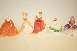 Two Coalport figures and three Royal Doulton: Fair Maiden, Monica and Sunday best