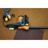 Electric chain saw with ear muffs