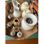 A box of ceramics to include two ginger jars