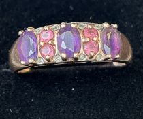 9ct Gold ring set with amethyst & diamonds Size W