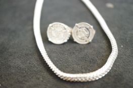 Silver necklace & 2 silver coin rings