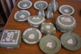 A collection of green Wedgwood and Jasperware