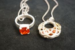 Silver red stone ring & necklace matching