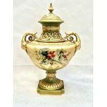 Royal Worcester 1572 twin handled lidded vase, hand painted decoration - early staple restoration to