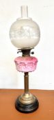 Large Victorian oil lamp pink glass reservoir and