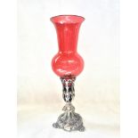 Victorian cranberry glass vase with metal stem Hei
