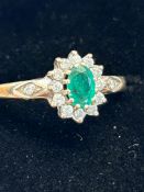 9ct Gold ring emerald and diamonds, size Q, 2.2gra