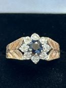 9ct Gold ring sapphire and diamonds, size Q, 3.8gr