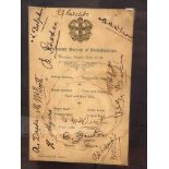 1910 Menu signed by Wilfred Rhodes and many others