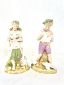 Pair of bisque figures, boy & girl with chickens H