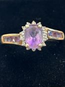 9ct Gold ring amethyst and diamonds, size W, 3.2gr