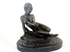 Bronze figure of a nude lady on marble base with m
