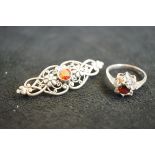 Silver ring set with red stone & matching brooch s