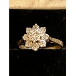 9ct Gold diamond cluster ring Size O 2.3g